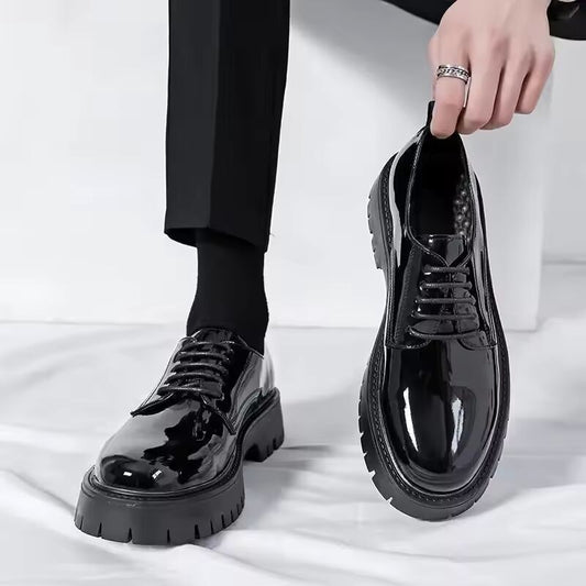 Men's Fashionable Glossy Large Head Shoes Thick Bottom Heightening Trendy Youth Leather Casual Shoes PU Insole Winter Rubber Out
